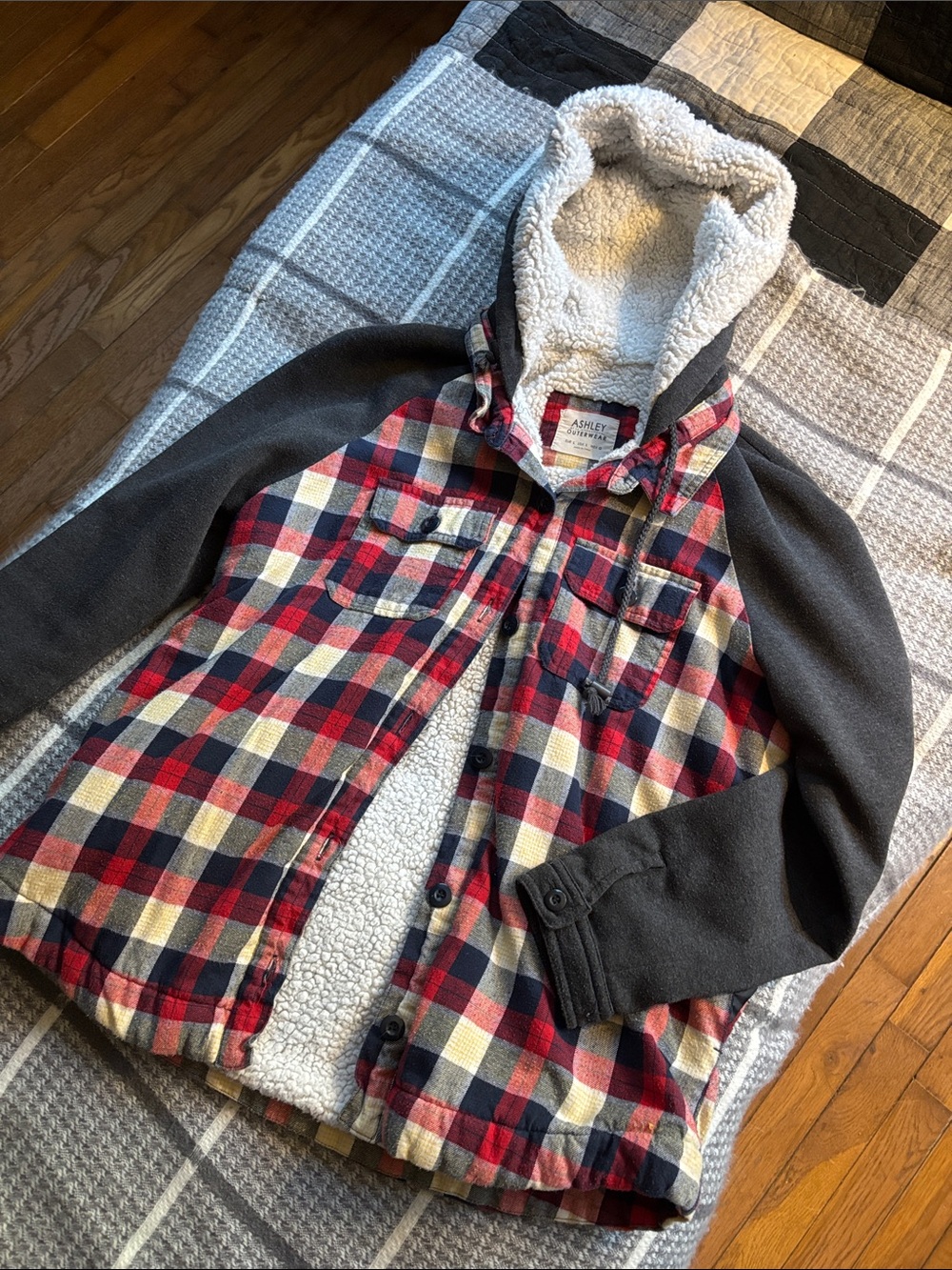 Ashley By 26 International Red, Black and Cream Plaid Sherpa-Lined Hooded Jacket